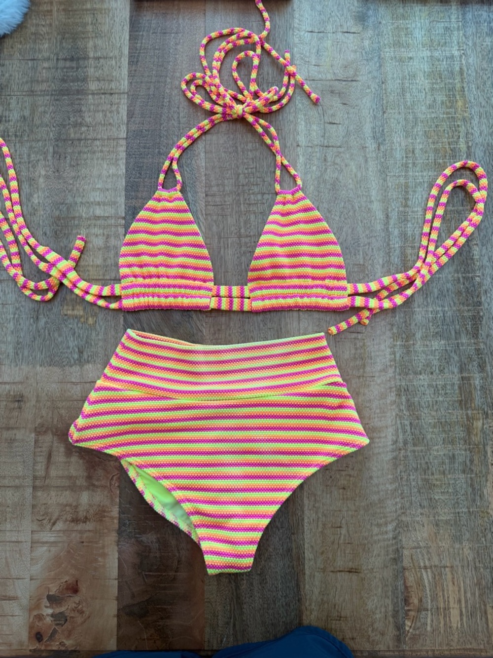 Montce Neon Stripe Triangle Bikini Set in Pink & Yellow